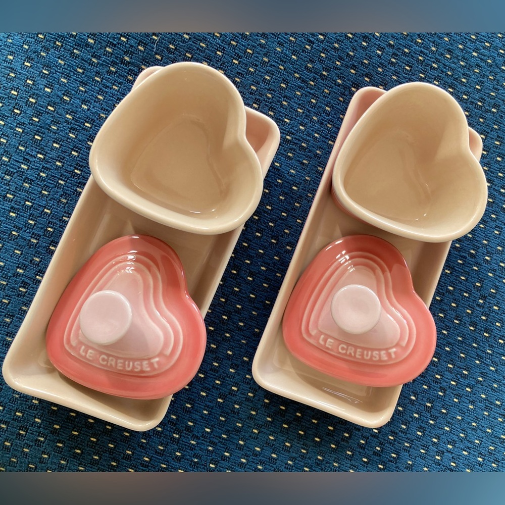 Set of Pink Le Creuset Heart Ramekins with Lids and Trays